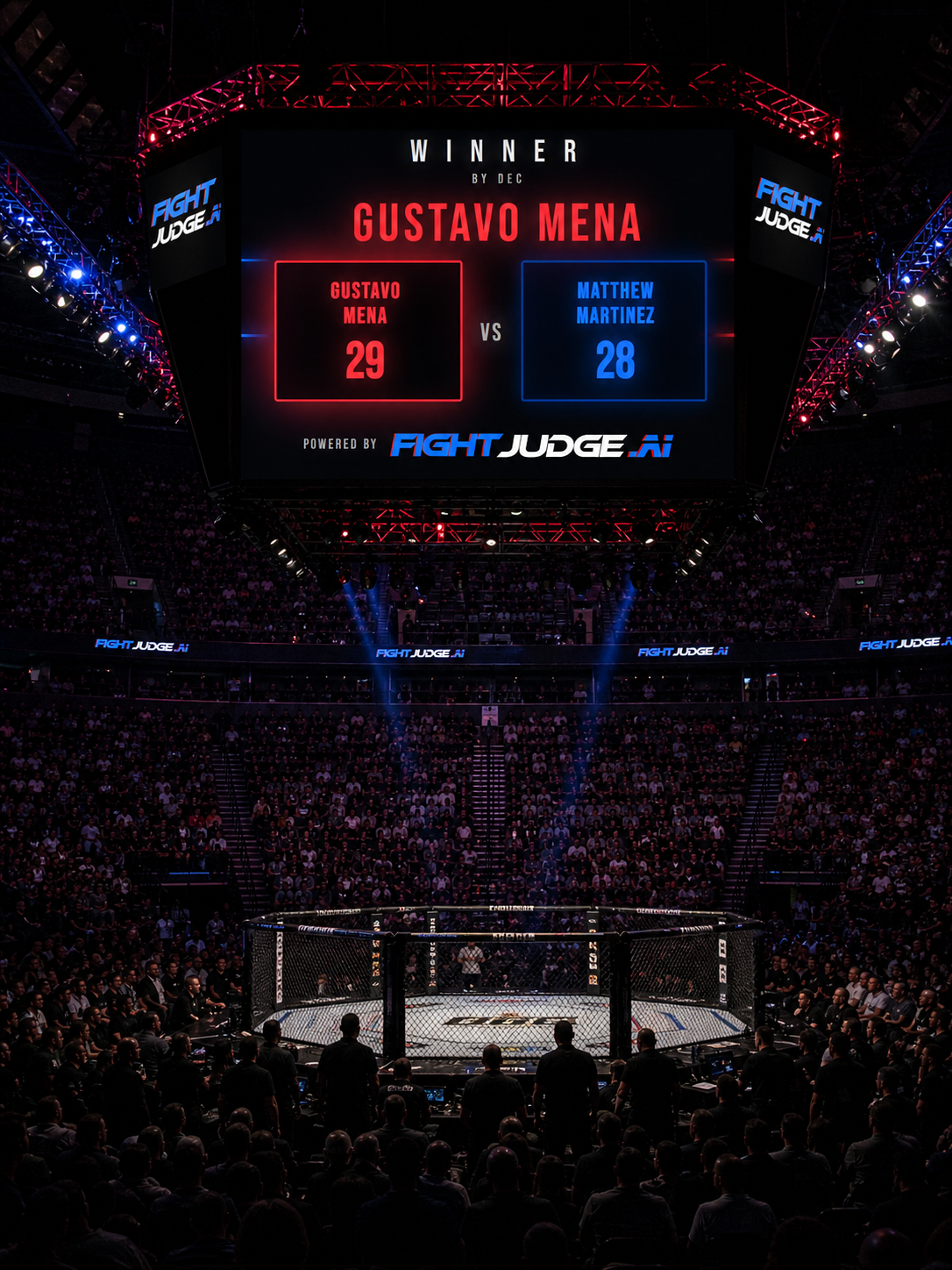 Fight Judge AI arena scoreboard showing a live winner decision above a packed fight venue.